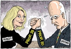 cagle cartoon, Brown and Munger, Prop. 38 and Prop. 30, Oct. 22, 2012